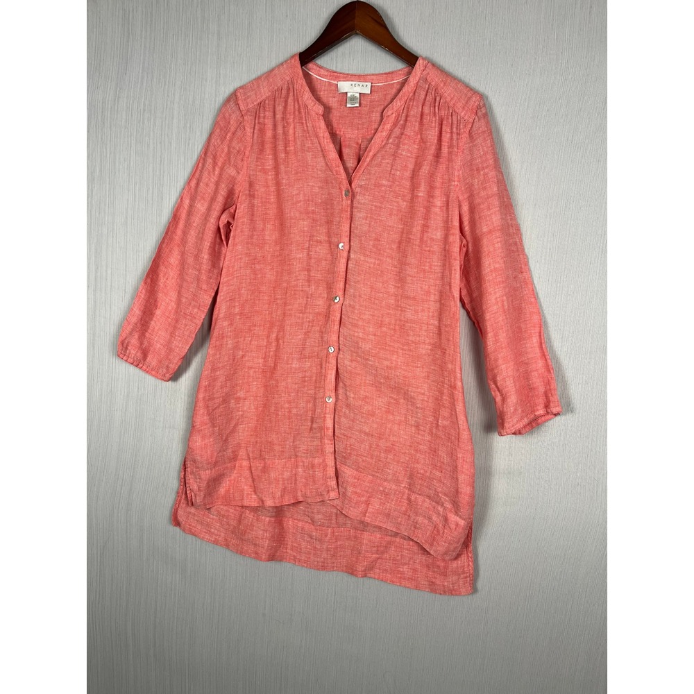 Kenar Linen Tunic Shirt Dress Womens M Coral‎ Pink Button Down Coastal Resort